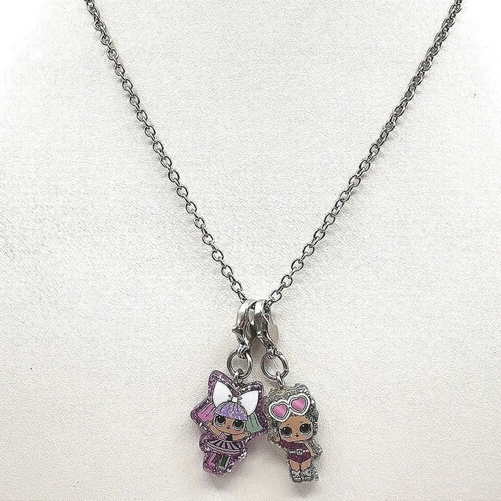 Vintage Y2K Doll Charm Pendent Necklace Silver Tone Glitter Women's Jewelry